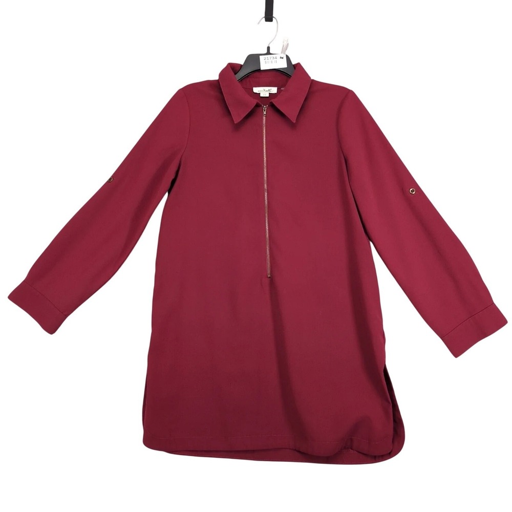 Simply Noelle Burgundy 1/2 Zip Tunic Blouse Womens S/M Roll Tab Sleeve Split Hem